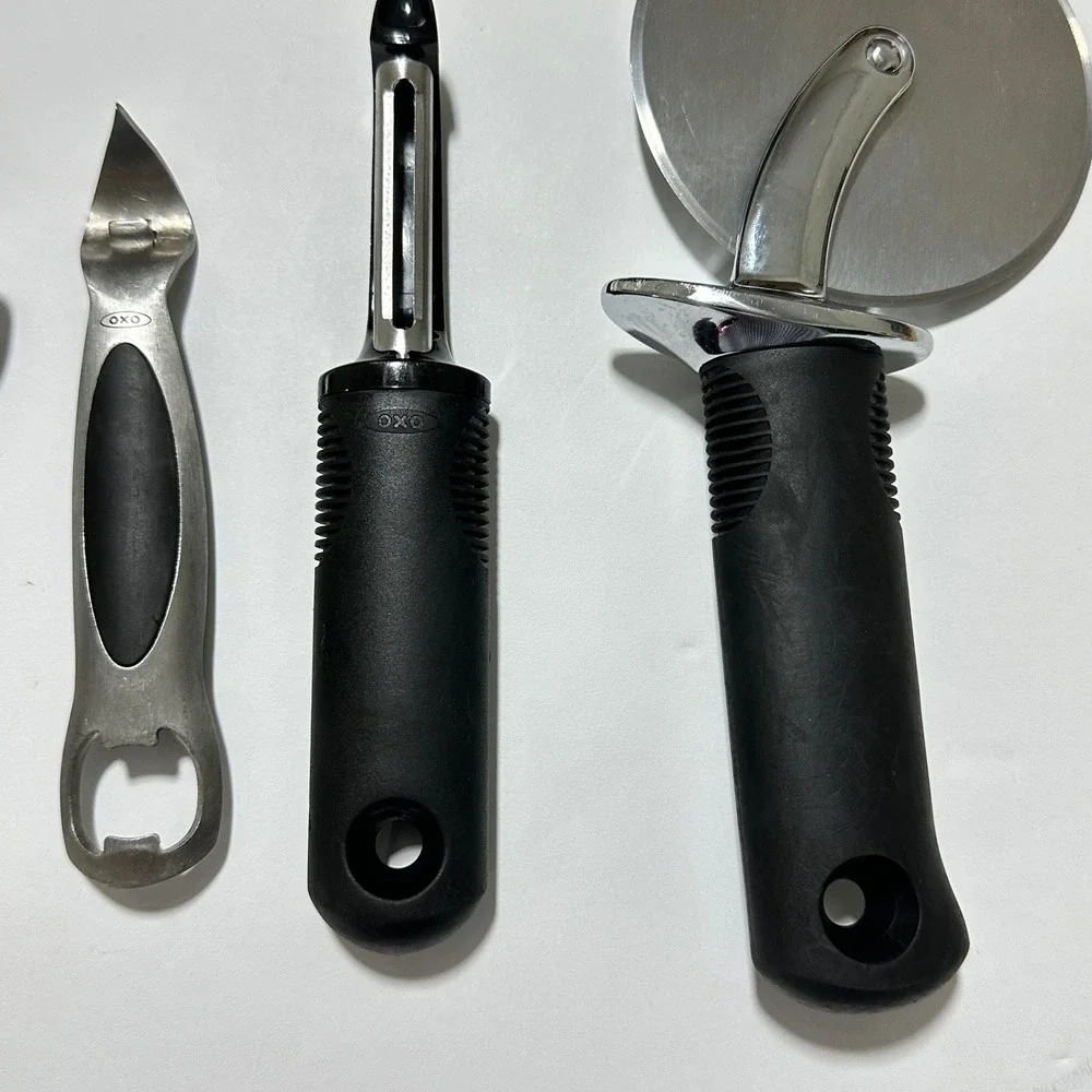 OXO Good Grips 4pc Kitchen Tools Pizza Cutter Peeler Bottle Opener Black Silver